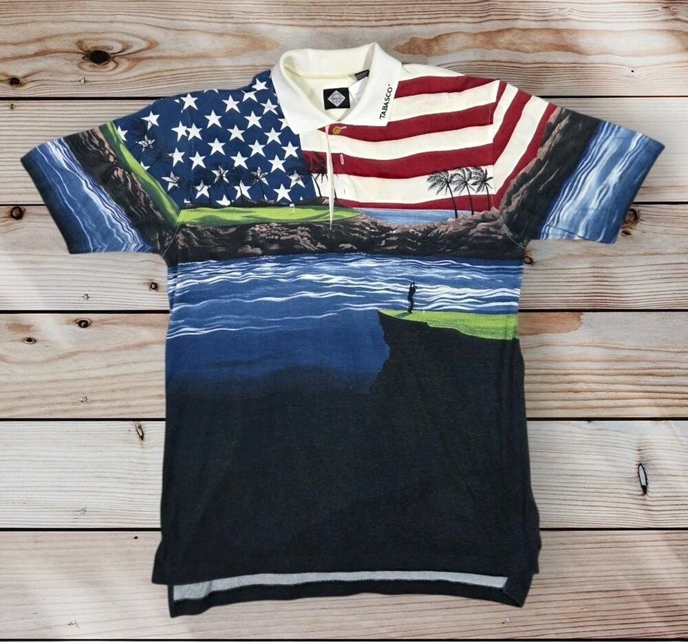 Vintage Tabasco Golf Polo Shirt 90s Graphic Print Novelty Mens Medium Patriotic